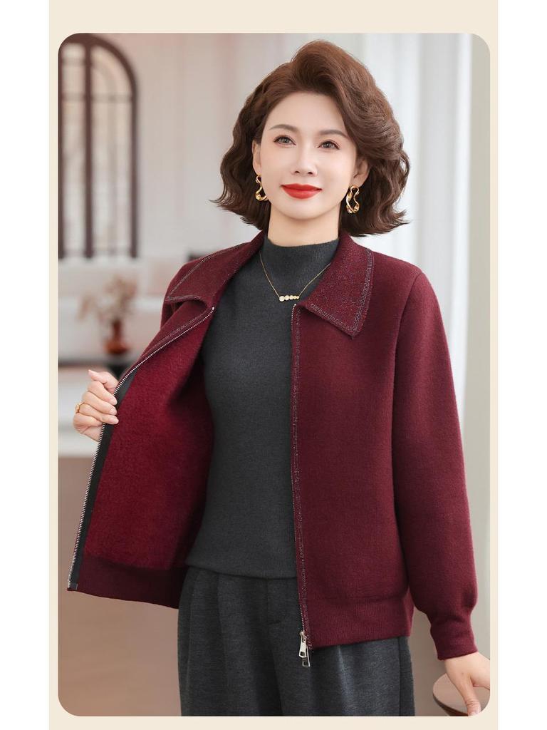Plus Velvet Lapel Knit Top for Middle-Aged & Elderly Women - Autumn/Winter Warm Casual Jacket