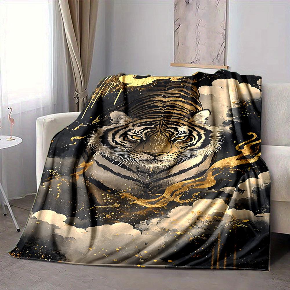 1pc Tiger Art Print Soft & Warm Polyester Knit Blanket, Digital Printed, All-Season Throw for Napping, Traveling, Sofa yy250906045