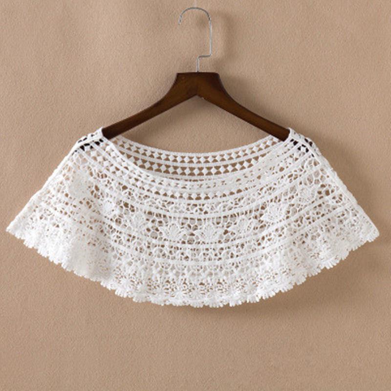 Women's Sweet White Hollow Crochet Lace Tassels Knit Wide Collar Cape Shawl EMA
