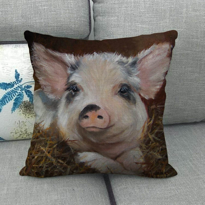 Oil Painting Of Animals - Pigs And Sheep Digital Printing Short Plush Pillow Covers For Car Sofa Office Cushion Cover Home Goods