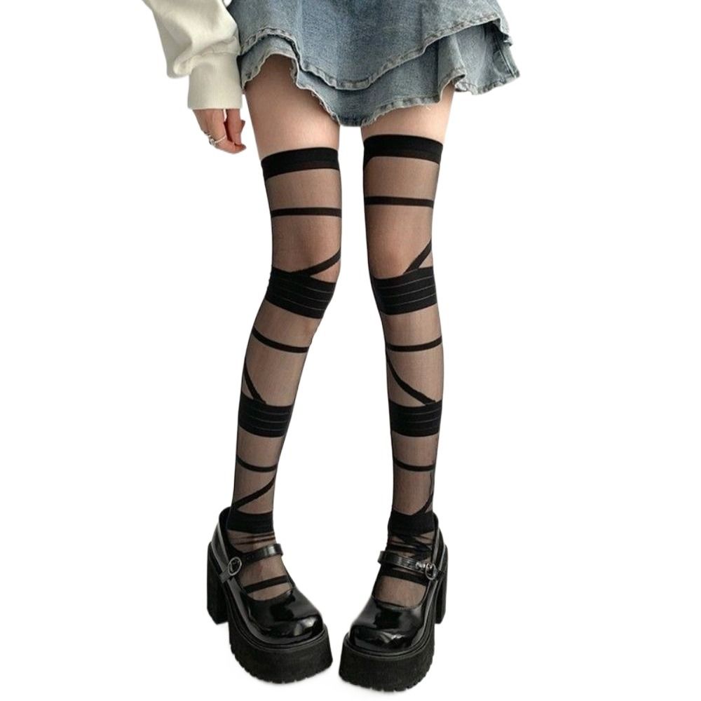 Lolita JK Style High Tube Long Socks Nylon Above Knee Stocking Transparent Stripe Stockings  Summer