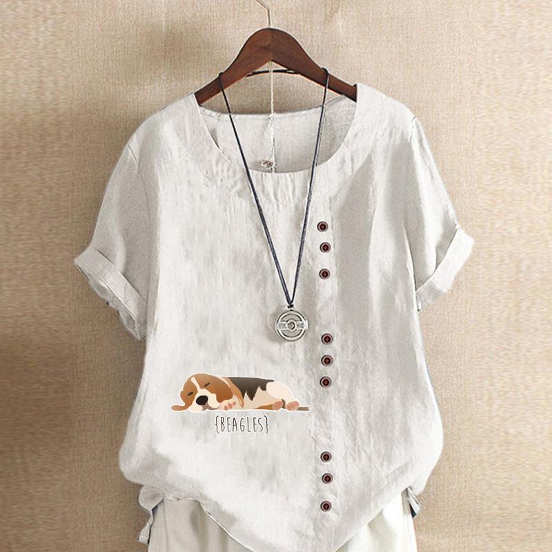 Women's Fashion Round Neck Short Sleeve T-shirt Casual Cotton Linen Graphic Shirt Leisure Loose Dog Prined Summer Blouse Tops Plus Size