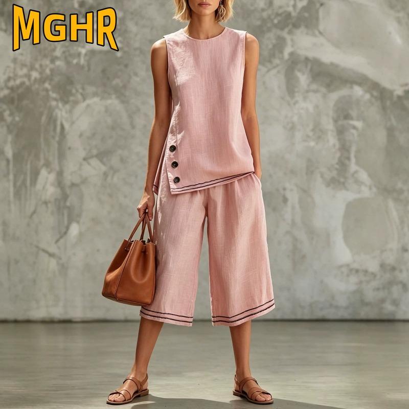 MGHR Женские модные повседневные брючные костюмы без рукавов с круглым вырезом