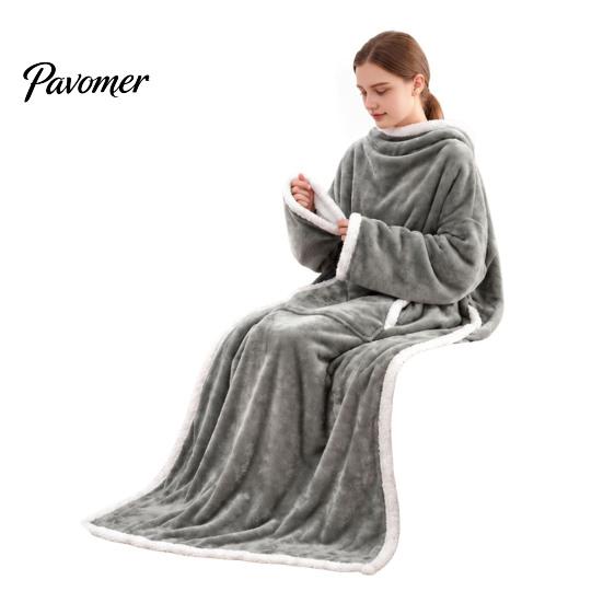 Wearable Blanket with Sleeves Flannel Sleeves, Adults Fleece Lined Winter Kangaroo Pocket, Comfortable Robe Cozy Plush Wrap for Cold Days Indoor