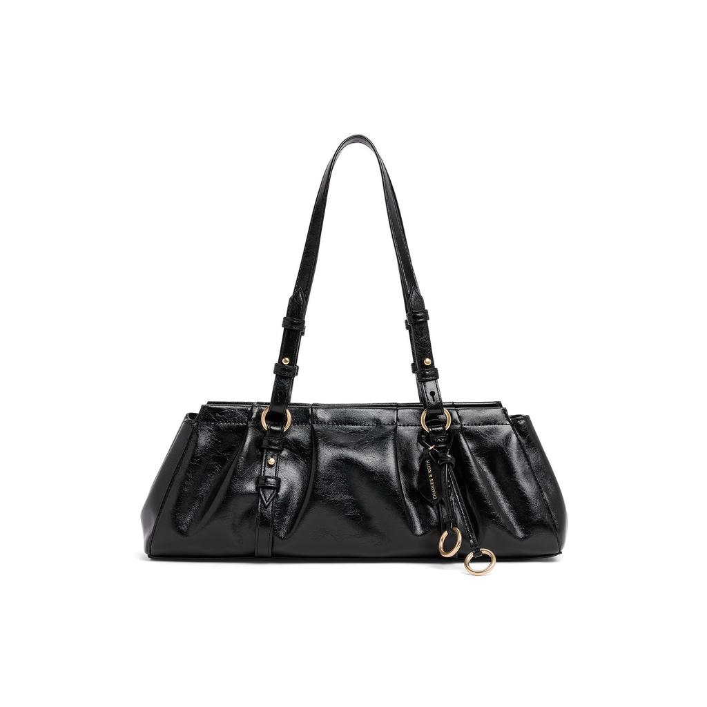 Charles & Keith Винтажная Повседневная Универсальная Сумка на Плечо для Поездок PU Средняя Женская Сумка Черная CK2-30671819