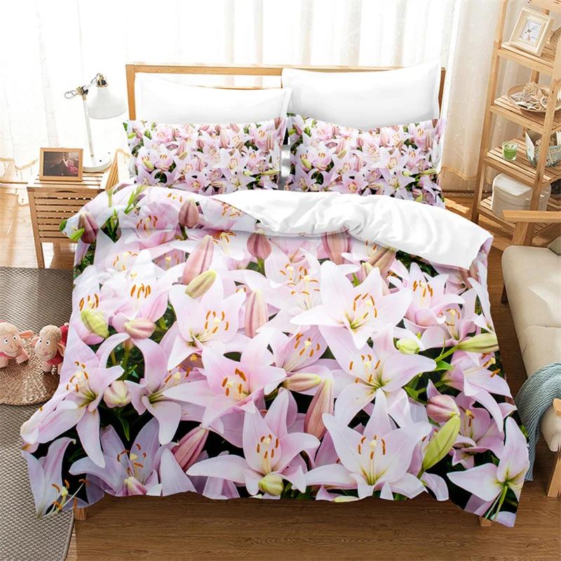 Lily Duvet Cover Set for Single Double Bed Pink Flower Quilt Cover King Size Bedding Set 2PCS 3PCS with Pillowcase Full Twin New