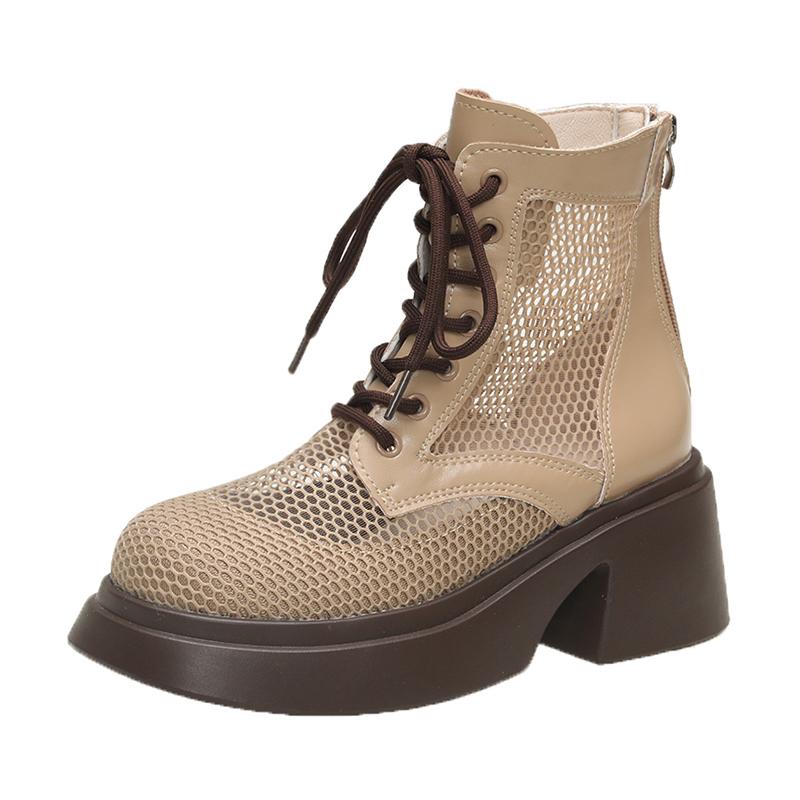 Fashion Aphixta 7cm Square Heel Breathable Mesh Ankle Boots Women Platform Lace Up Zip Close Summer Boots Platform Shoes Woman Boats
