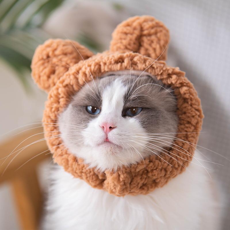 Cute bear ear cat headwear birthday costume plush cat hood hat for small dogs pet accessories