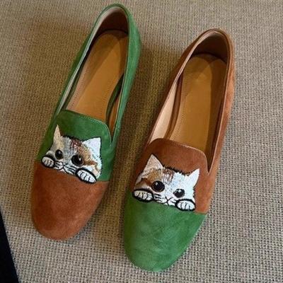 Мода Роскошь Дизайнерская Мода Женские Ретро Котенок Плоские Одинарные Весенние Слипоны Фасоны Боба Удобная Обувь-Бобы Обувь с Кошачьим Круглым Носком