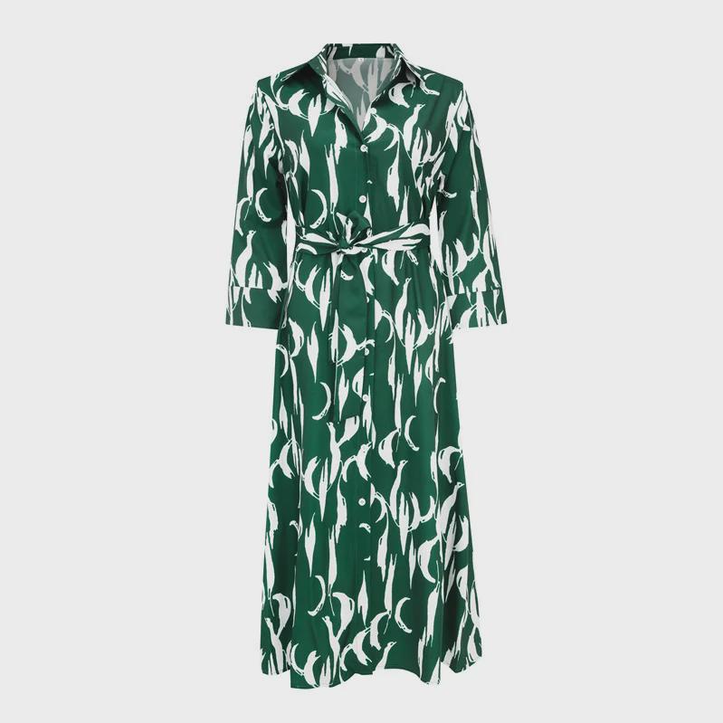 Женское летнее длинное платье-рубашка с принтом, рукавами-девятками и воротником 2024 года