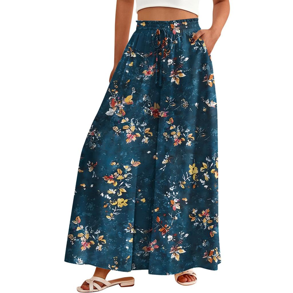 Women's Palazzo Pants Boho Floral Wide Leg Trousers Summer Beach High Waisted Flowy Pants With Pockets