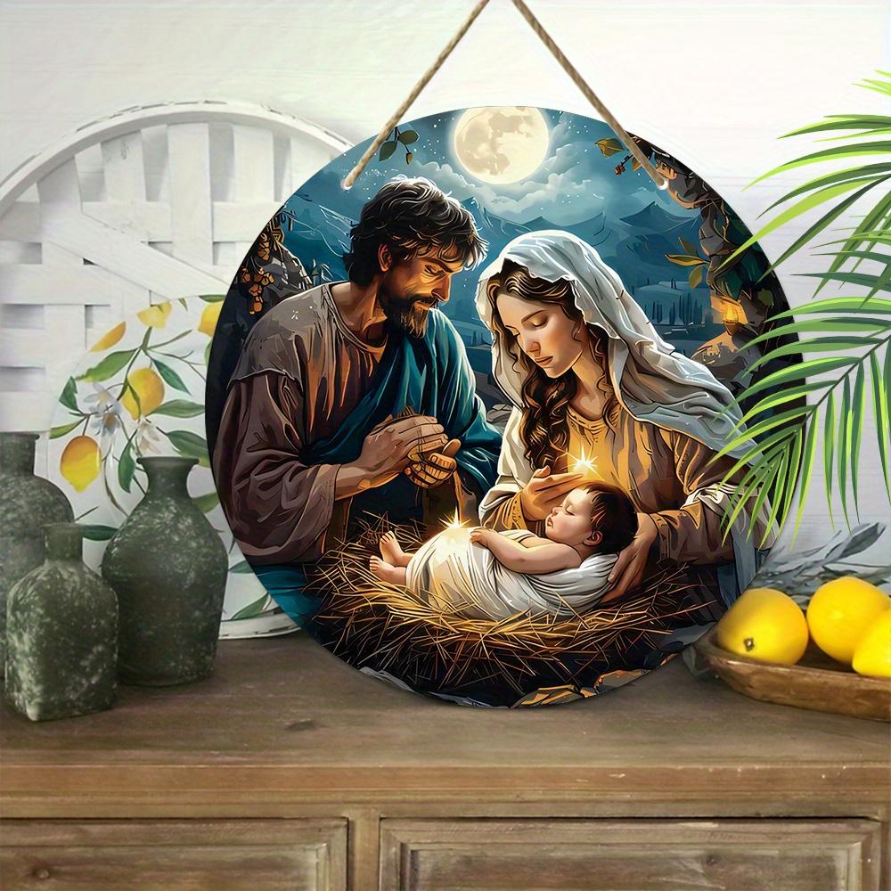 5pcs Religious Figure Born Nativity Scene Wooden Sign - Round Wall Hanging Decor for Place of Worship Door, Perfect Nazarene Gift