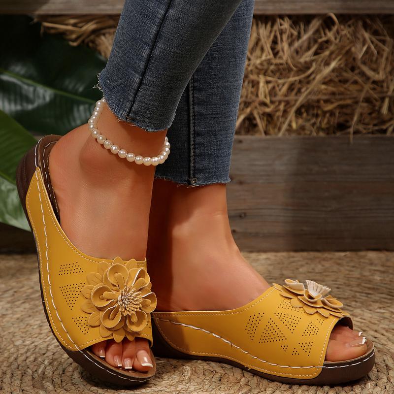 Женская обувь с открытым носком, женские тапочки, повседневные тапочки для улицы, женские сандалии с цветочным принтом и круглым носком на танкетке и платформе больших размеров