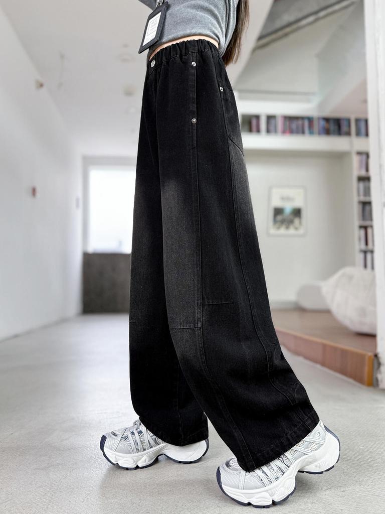 Черные джинсы для девочек - Весна/Осень 2025, Модный свободный крой с вариантами изогнутых или прямых штанин.