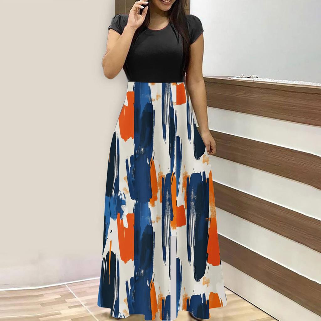 Женская мода повседневные свободные принтованные платья с круглым вырезом и коротким рукавом длинные платья с коротким рукавом длинные платья