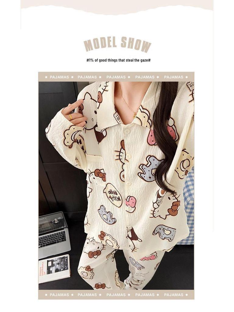 2025 Милый мультяшный женский пижамный комплект - Весенне-осенний кардиган с длинными рукавами и брюки