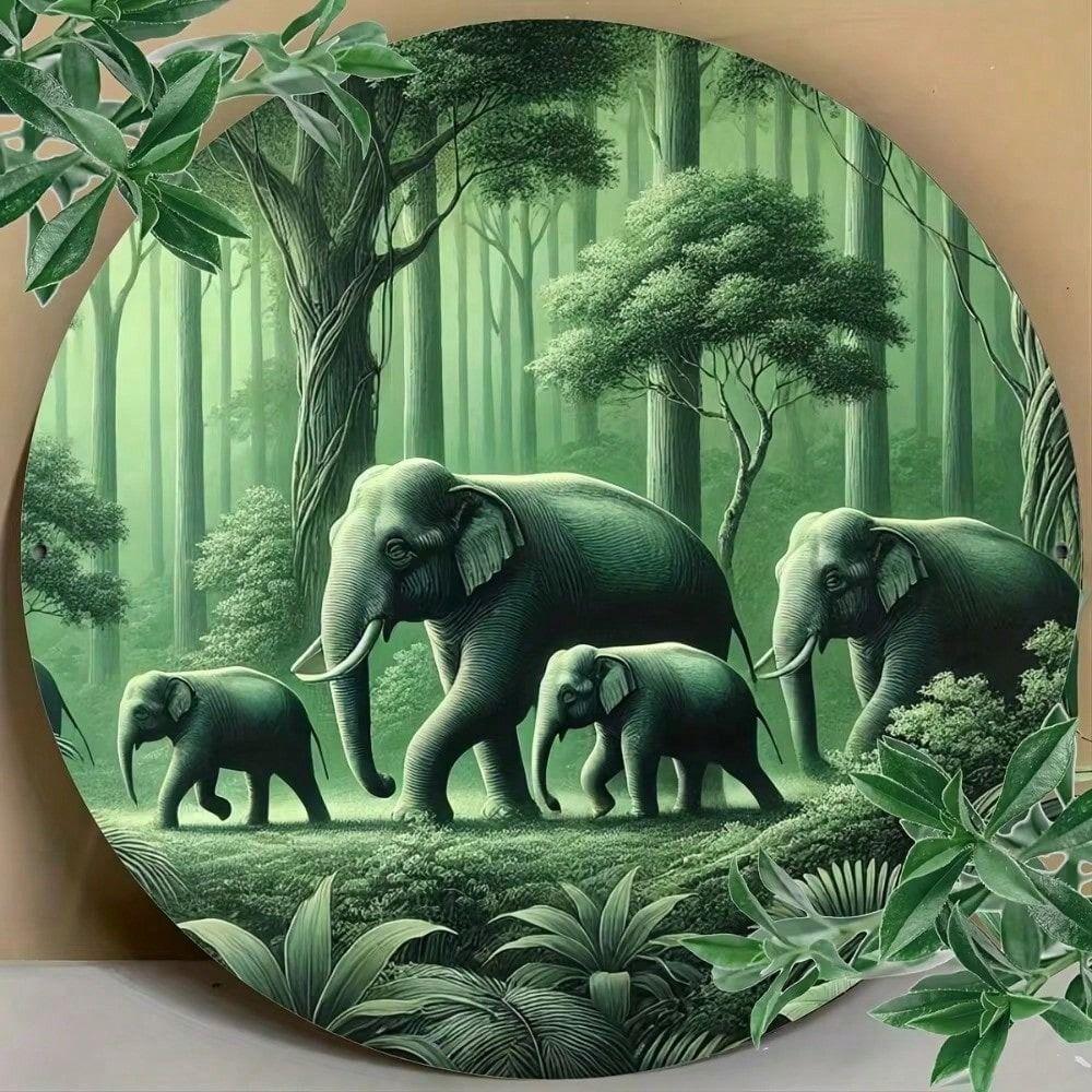 Vintage Forest Elephant Round Metal Wall Art 20x20 cm Bar Decor