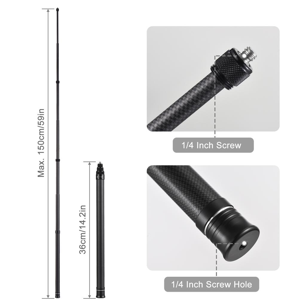 Portable Selfie Stick Carbon Fiber Stand Camera Bracket 1 4 Inch Screw Mount 36cm 150cm 14.2in 59in Adjustable Length