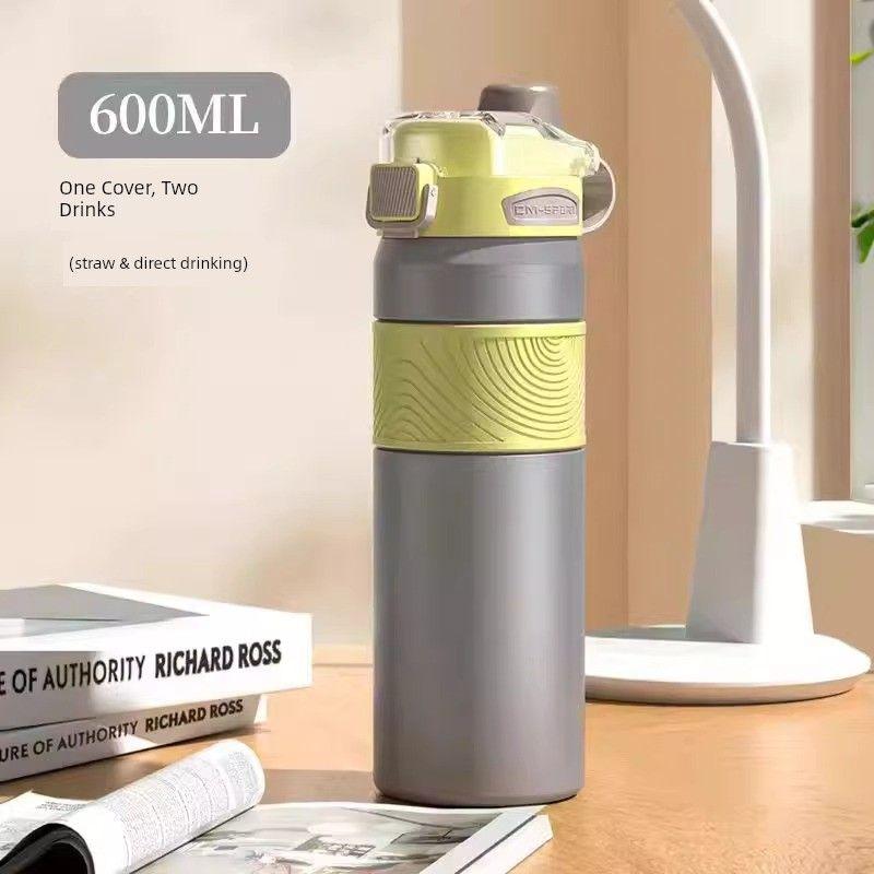 Large-Capacity Thermos Cup with Double Drinking Mouth and Straw, 316 Stainless Steel, Outdoor Portable Cup for Boys and Girls Going to School