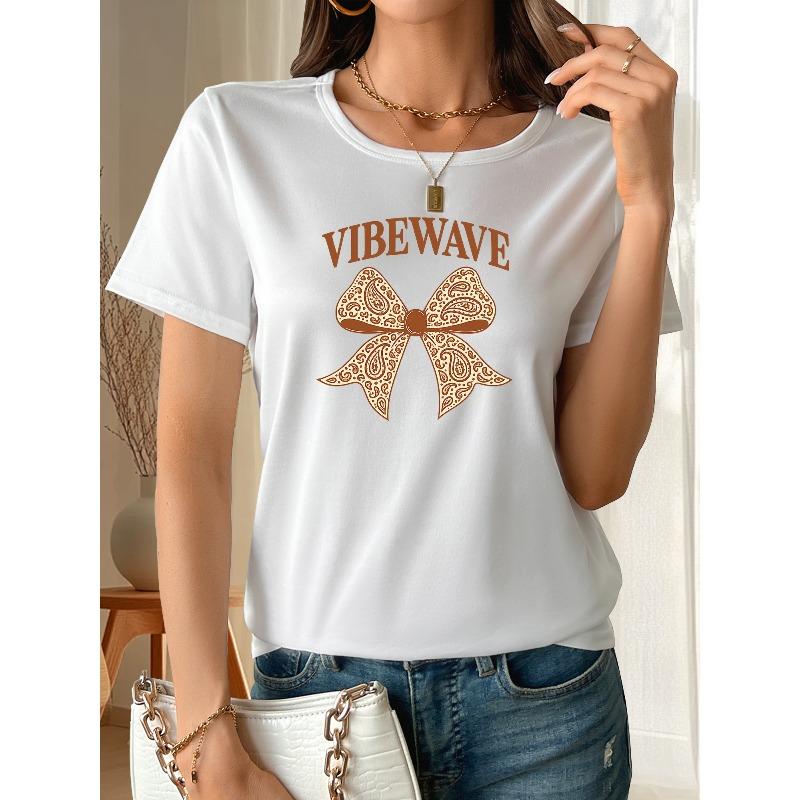 Women'S Bow "VIBE WAVE" Letter Print Short-sleeved Shirt Moderate Elasticity, Machine Washable, Crew Neck, Regular Fit, Summer 2026 New Style