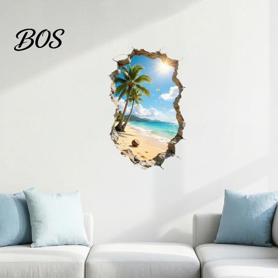 Peel-And-Stick Wall Art 3D Broken Ocean View Sticker, Coconut Tree Beach Decorative Decal, Removable Sticker Waterproof for Living Room, Bedroom,