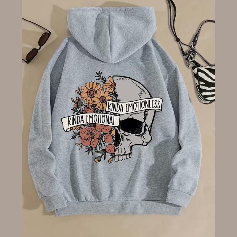 Ladies Spring Autumn Casual Hooded Long Sleeve Big Pocket Halloween Skull Flower Printed Pullover Hoodies Sweatshirt Top