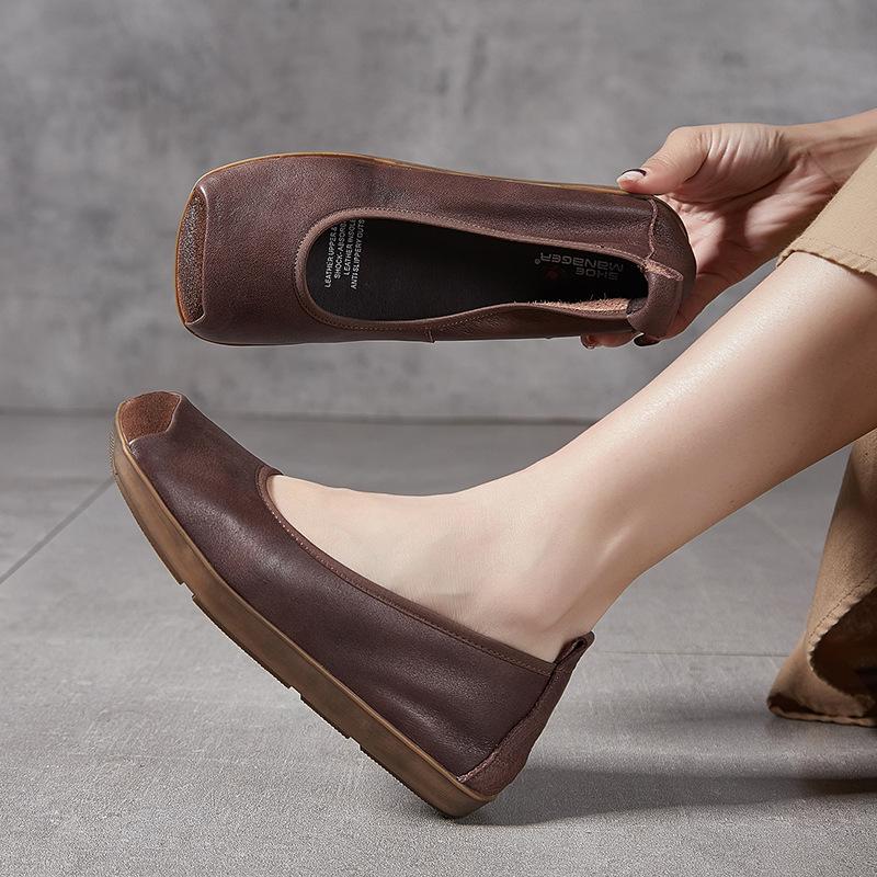 Genuine Leather Women's Shoes Retro and Artistic Square Toe Shallow Women's Single Shoes for Spring and Summer