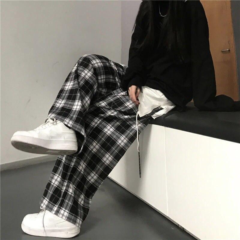Harajuku Oversize клетчатые брюки женские модные клетчатые брюки женские осенние широкие спортивные штаны