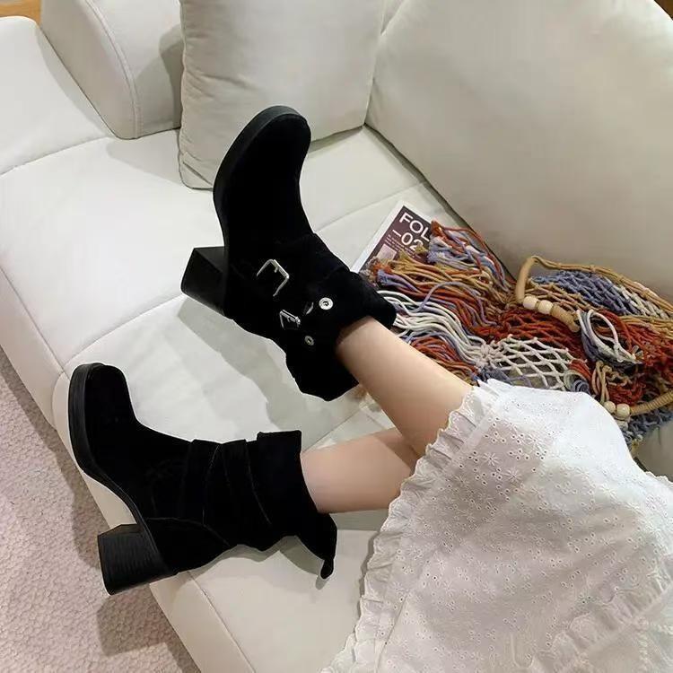 Fashion Fashion Belt Buckle Vintage Mid-calf Boots Women 2024 Autumn Chunky Heels Western Cowboy Boots Woman PU Leather Knight Booties