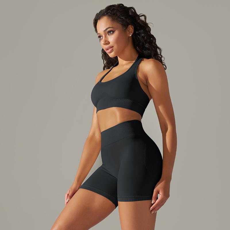 Nessaj Seamless Yoga Set Women Fitness Outfits Peach Hip Shorts Suit Shockproof Sports Bra Gym Running Suits