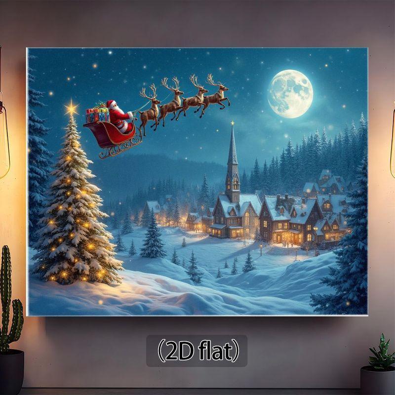 1pc Festival Santa Claus Sled Canvas Mural - Winter Miracle Scene with Snow Village and Full Moon  Christmas Home Decoration