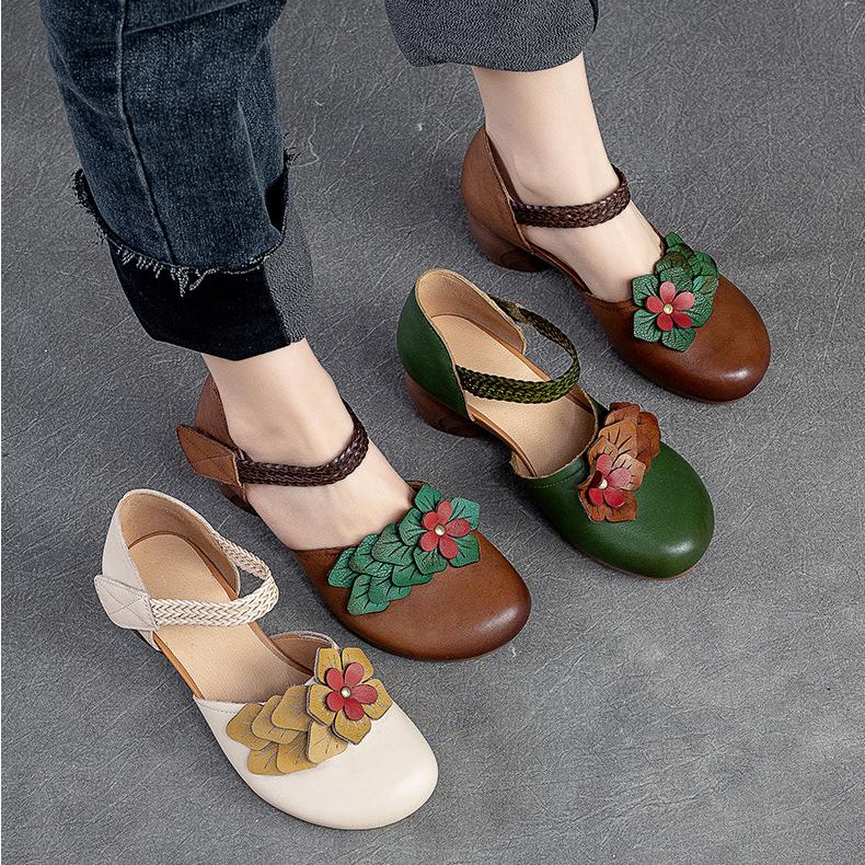 Johnature Женские сандалии в стиле ретро из натуральной кожи, универсальные сандалии ручной работы на среднем каблуке с цветочным узором и круглым носком, женская обувь