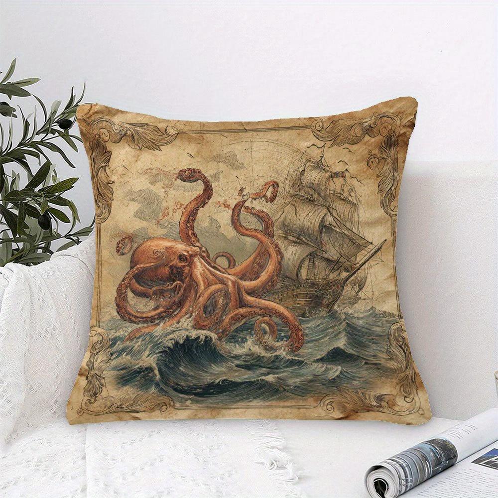 1Pc Octopus Kraken Attack Ship Pillow Cover, 18X18 Inch, Short Plush Decorative Cushion Case, Single-Sided Printing, Vintage Nau