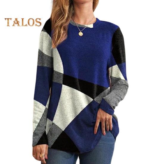 Женские топы с круглым вырезом и длинным рукавом, контрастный цвет, геометрический принт, свободная футболка, повседневные пуловеры, топы