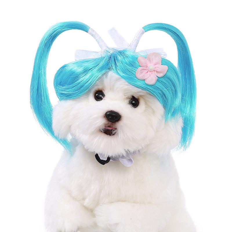 Очаровательный двойной конский хвостик, синий парик для домашних животных - милый головной убор для переодевания кошек и собак