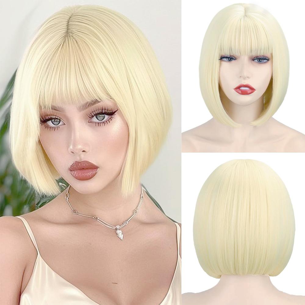 MISS WIG Синтетический 12-дюймовый черный парик боб с челкой, натуральный вид для элегантных женщин, повседневная одежда