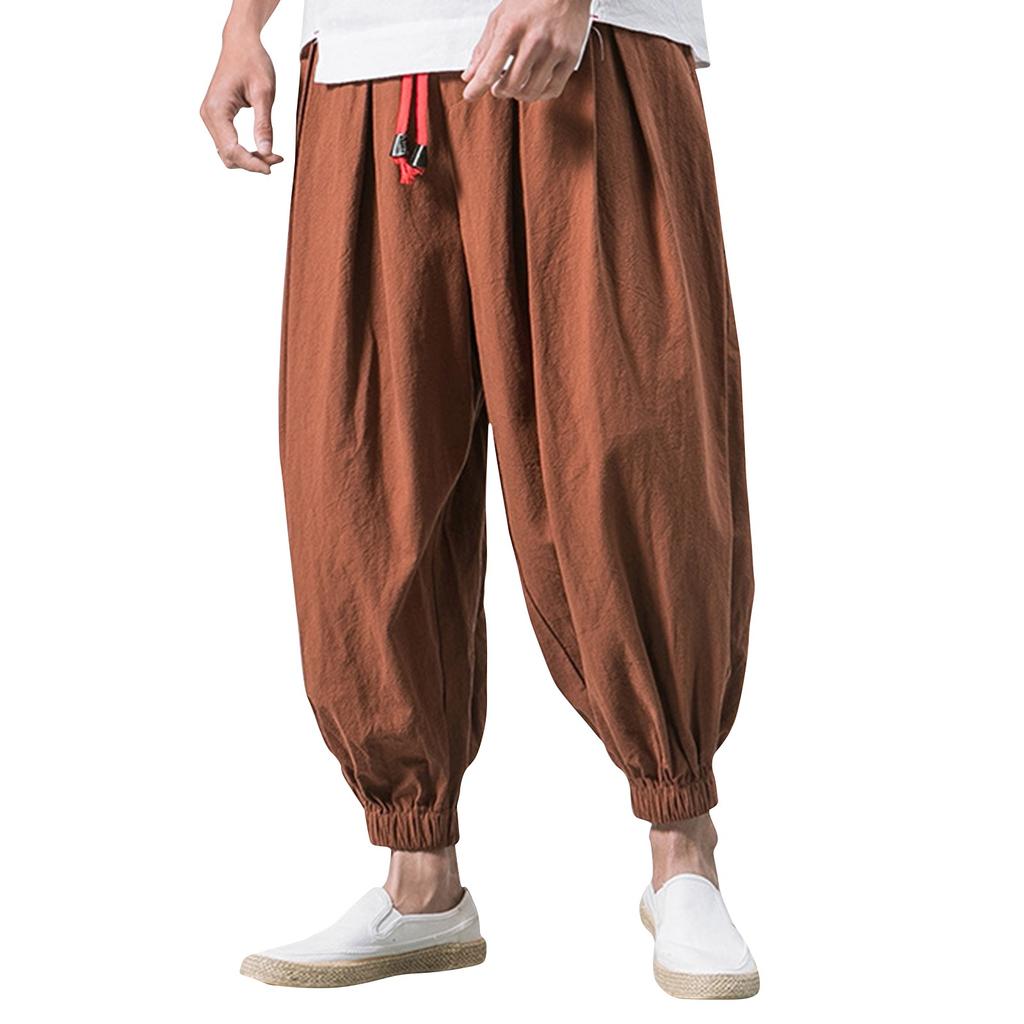 Men's Japanese Cotton Linen Cropped Pants Loose Wide-Legged Pants Plus Size Casual Pants