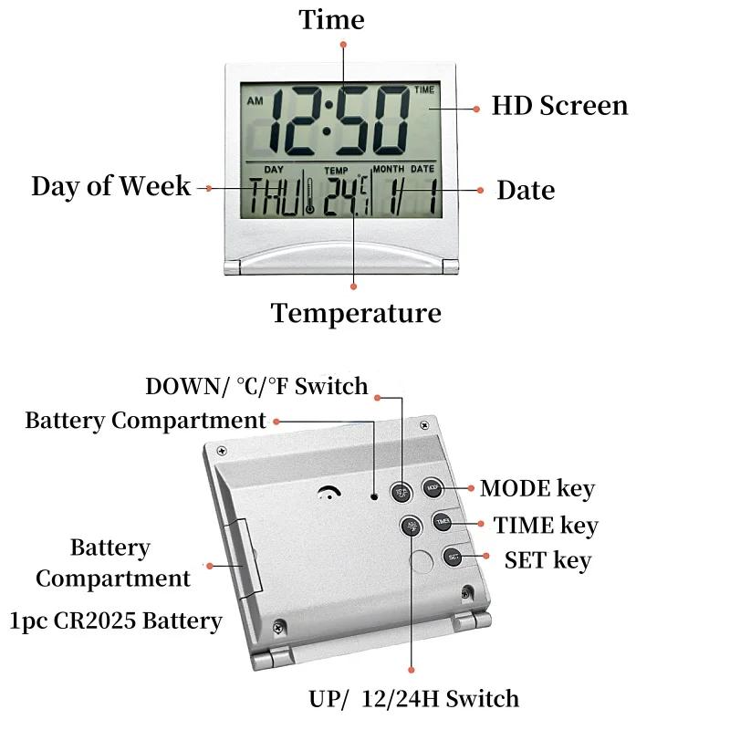Складной мини-цифровой будильник с индикацией температуры, даты, дня недели, обратного отсчета, повтора сигнала, настольные часы 12/24 ч, питание от батареи CR2025, ЖК-часы