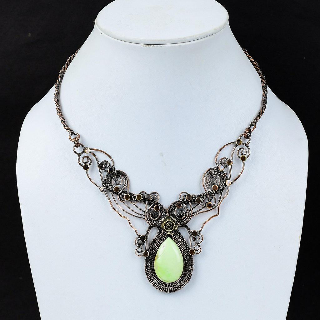Ожерелье с лимонным хризопразом, ожерелье из медной проволоки, медные украшения ручной работы, регулируемое ожерелье, обертка из проволоки, ювелирные изделия из драгоценных камней, подарок для нее
