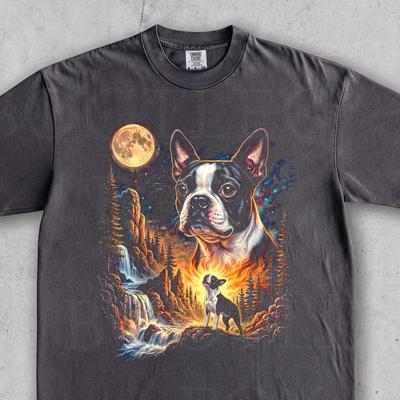 Boston Terrier Howling To the Moon. Vintage Pet Graphic Tee. Funny Dog Gift. Oversized Streetwear Wild Night. Stars Unisex Cool Print Tops