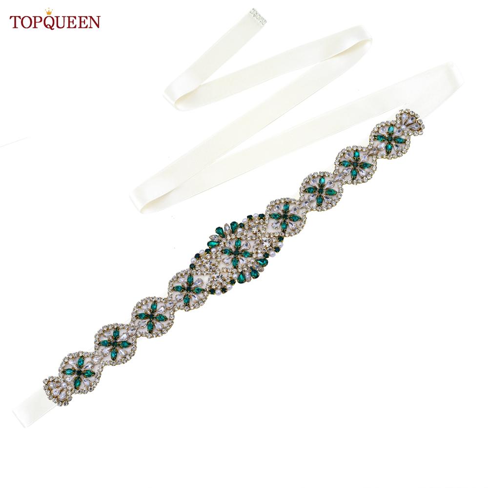 TOPQUEEN S161-KL Новое свадебное платье, пояс для женщин, золотой пояс ручной работы, роскошные аксессуары с поясом, повседневное вечернее платье, зеленые стразы