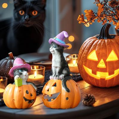 Хэллоуин Кот на тыкве Фигурка Милая статуэтка кота на тыкве Внутренняя полимерная скульптура для полки, столешницы, спальни, прихожей