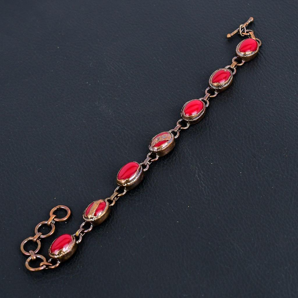 Red Coral Handmade Gemstone Bracelet, Copper Electroformed Bracelet Antique Jewelry, For Engagement Gift
