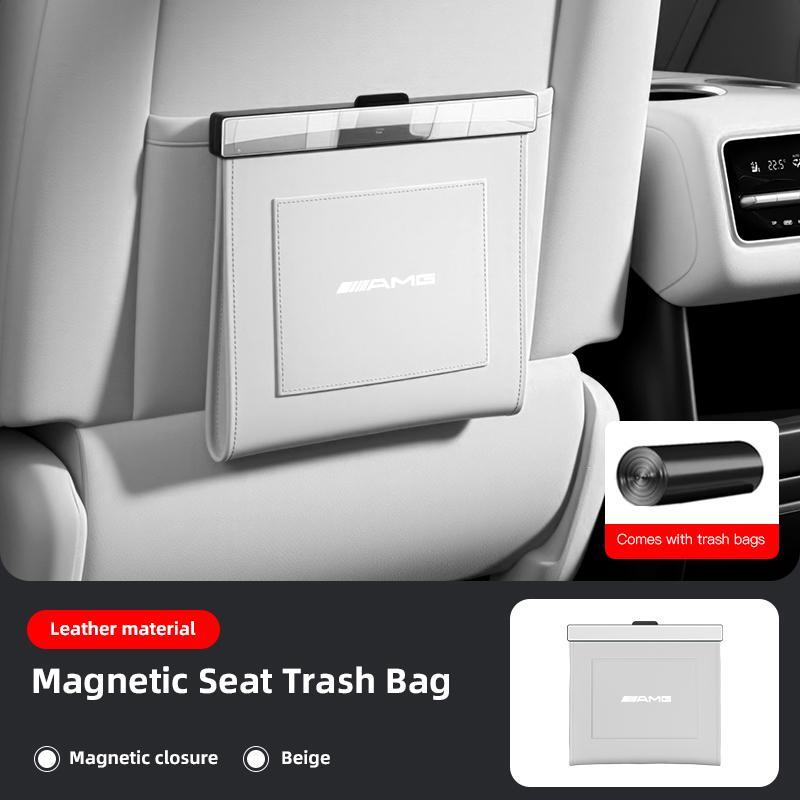 NRZV5 Car Garbage Bag With Back Seat Hanging Magnetic Adsorption Waterproof Leather Accessories Car Decal For Mercedes Benz AMG W214