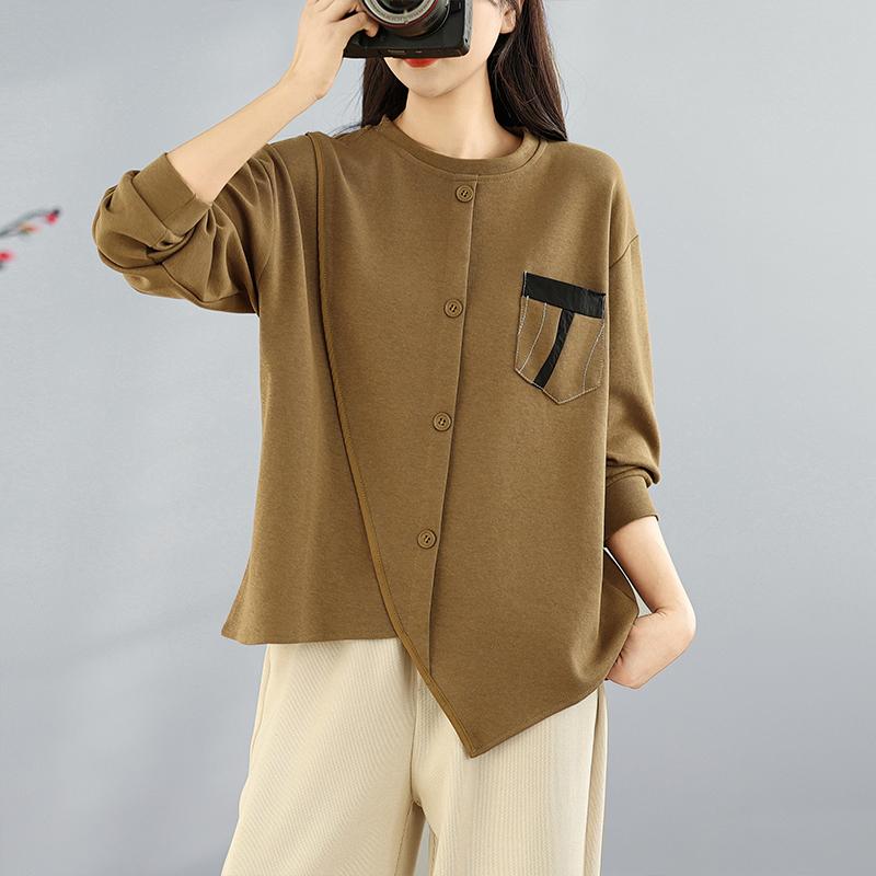 DIMANAF 2025 Осень Футболка больших размеров женская с длинным рукавом с круглым вырезом свободная однотонная топы футболки хлопок