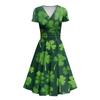 Ladies Princess Dress Sexy V-neck St. Patrick's Day Printed Waist Pulled Ruffle Short Sleeve Dress