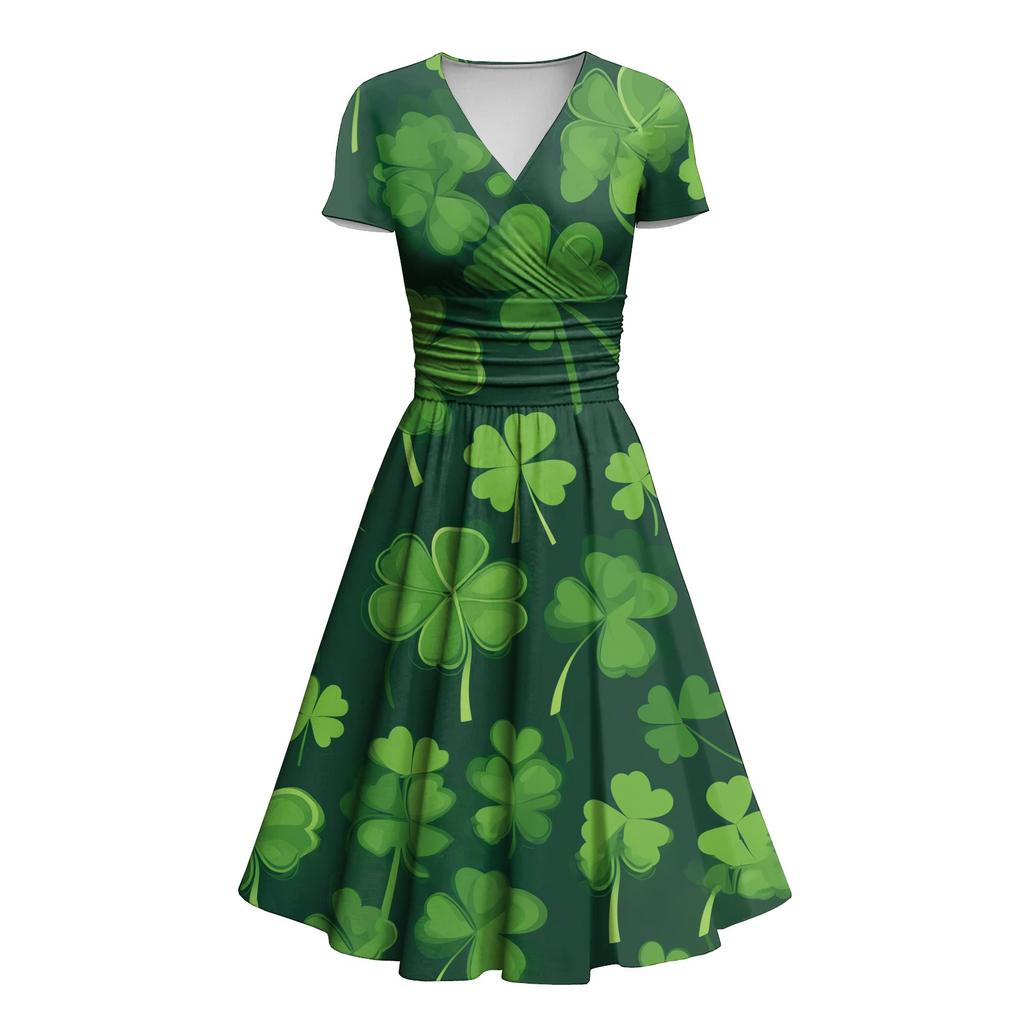 Ladies Princess Dress Sexy V-neck St. Patrick's Day Printed Waist Pulled Ruffle Short Sleeve Dress