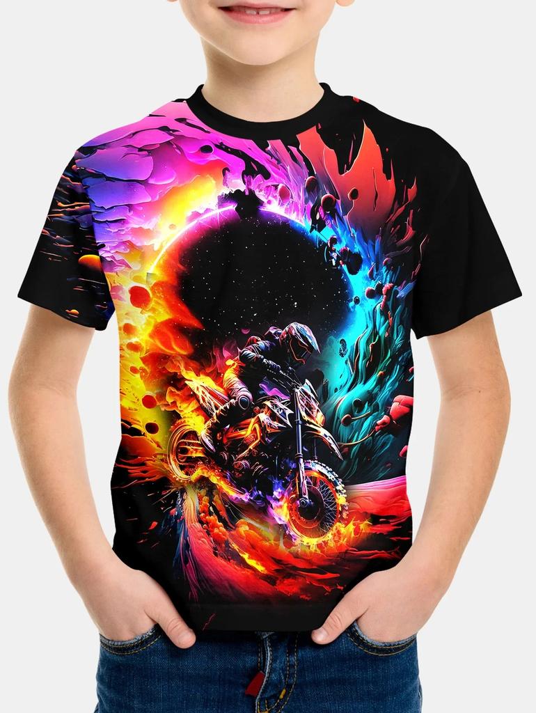 2024 Летняя детская одежда Мотоциклетный топ Детская футболка 3D-печать Короткие рукава Мальчики Девочки Свободные топы Уличная одежда Футболки