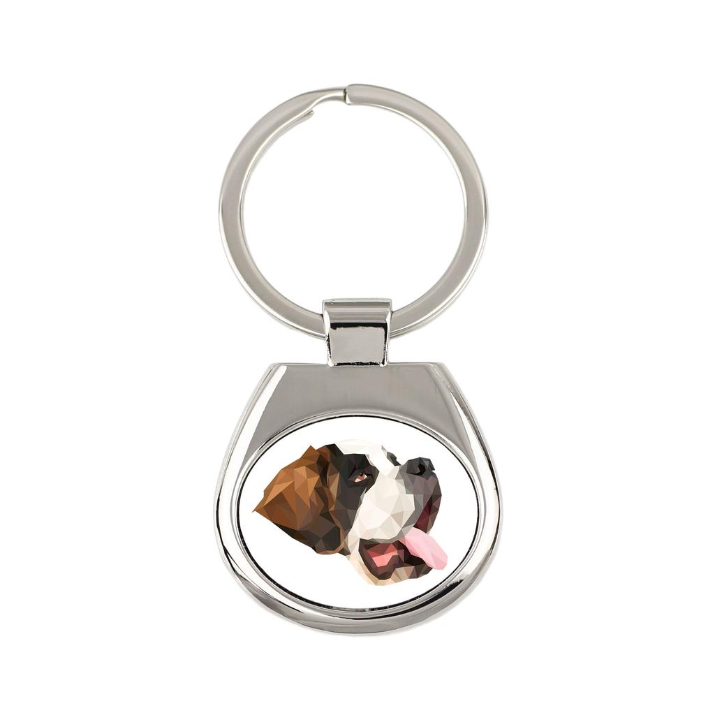 St. Bernard, Saint Bernard, Alpine Mastiff, Bernhardiner - Geometric Keychain with a Photo and the Inscription Art-Dog