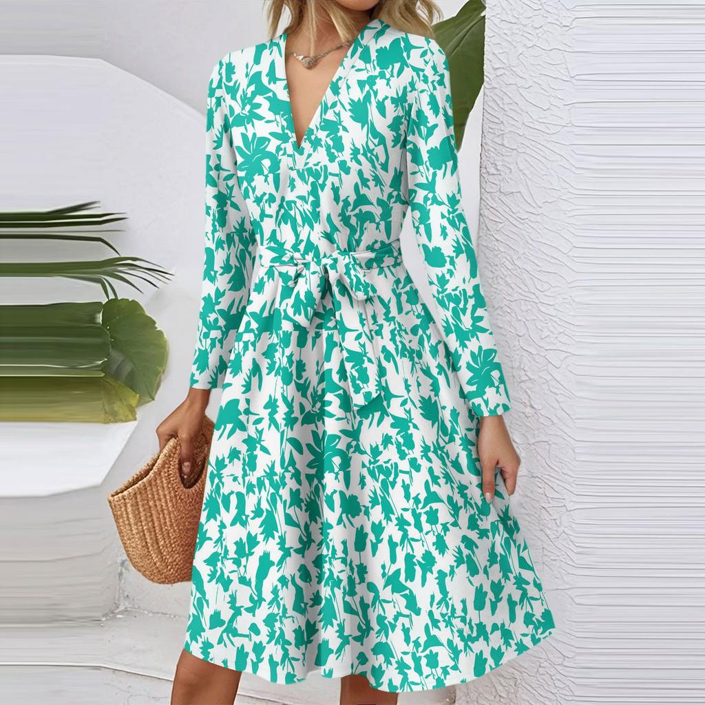 Women's Fashion Casual V-Neck Long Sleeve Waist Floral Print Midi Dress